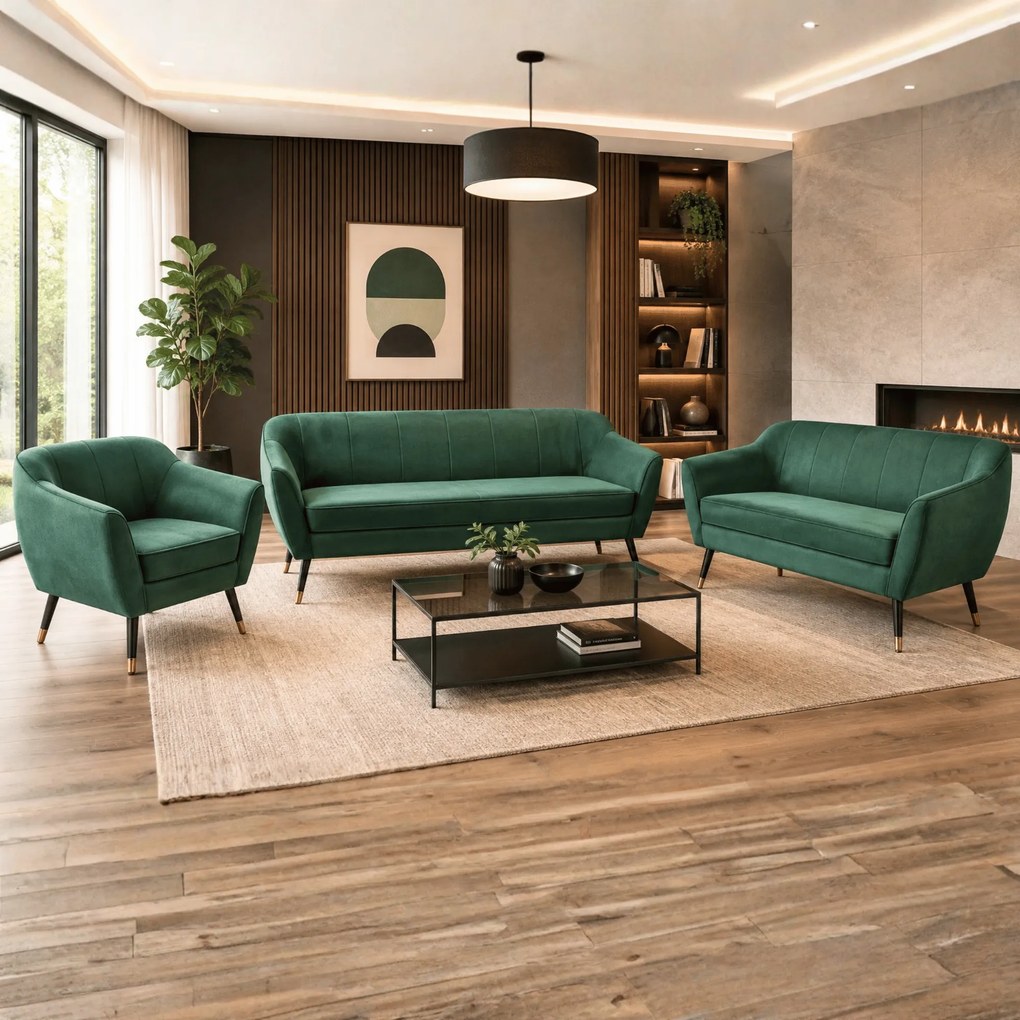 Design 3 személyes kanapé, zöld Velvet szövet/fekete/arany, VIODA