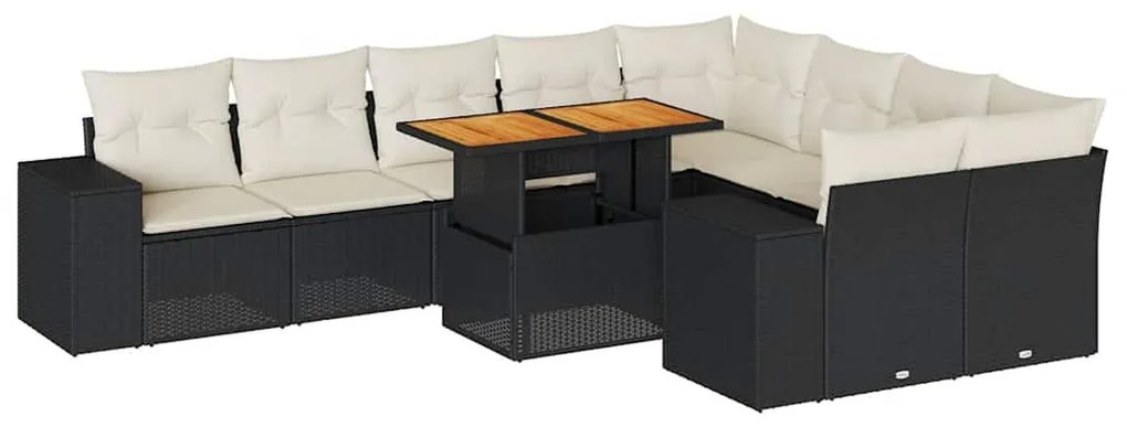 10 részes fekete polyrattan akácfa kerti ülőgarnitúra párnákkal
