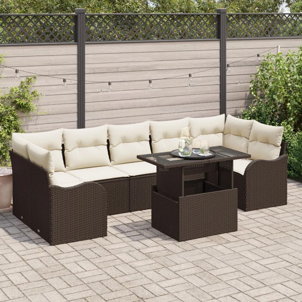 8 darabos kerti kanapészett párnákkal barna poly rattan, 2 személyes kerti kanapé tárolóval és párnákkal barna poly rattan