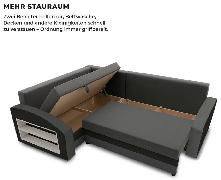 Grande sarokkanapé polcokkal , polc a bal karfaban, baloldali, szövet anyag, hab töltet, szürke - fekete