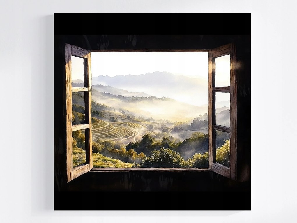 Vászonkép Canvas Kilátás Ablak Hegyek Szőlőültetvények Dél Nyár 80x80