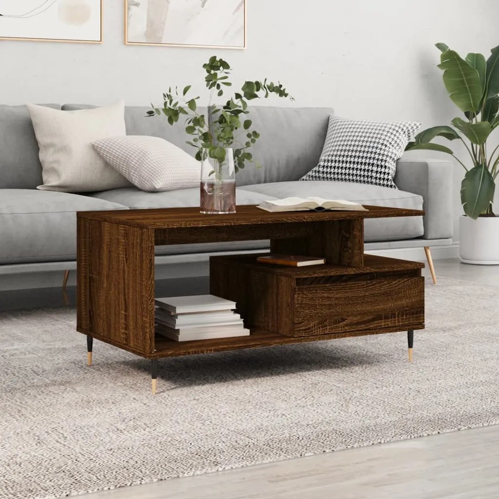 Barna tölgyszínű szerelt fa dohányzóasztal 90x49x45 cm