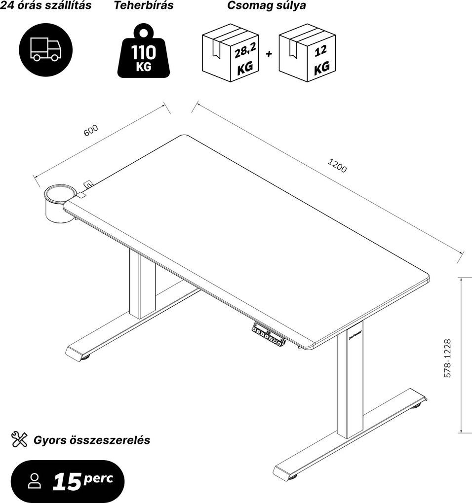 Elektromos íróasztal magasságállítással ergonomikus antracit/dió,1200x600 mm: ARIA