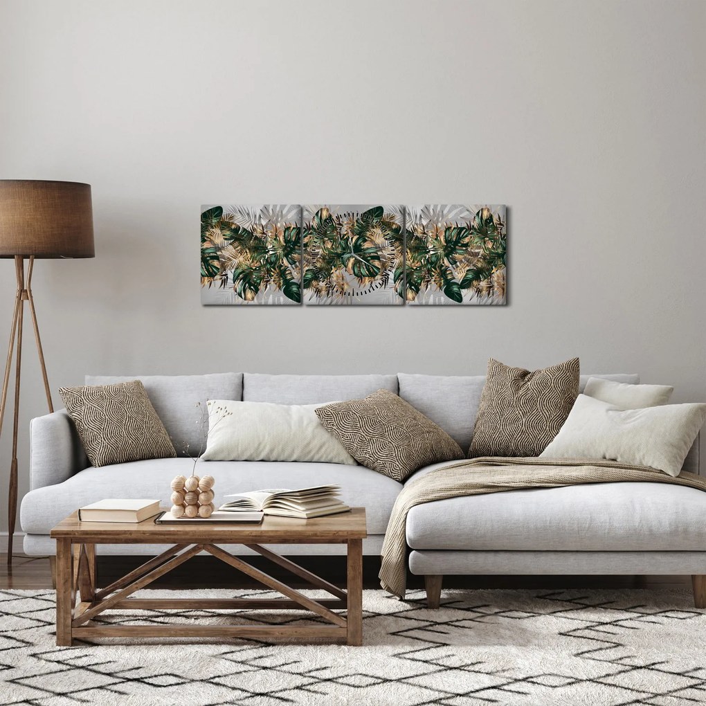 Kép - Gold-green, trópusi levelek (órával) (90x30 cm)