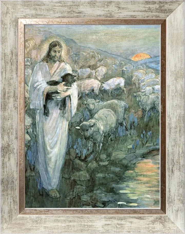 Jézus, A Jó Pásztor Vallásos Vászonkép Fehér Keretben 30X40