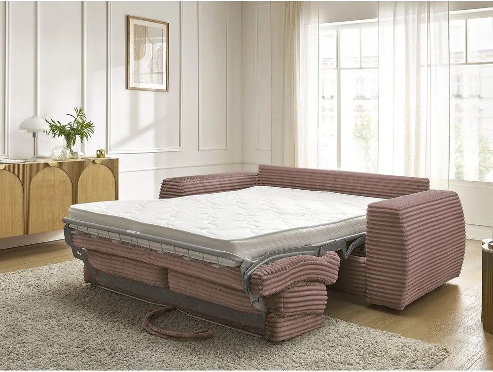 Rózsaszín kordbársony kinyitható kanapé mindennapos alvásra 220 cm Hugo – Bobochic Paris