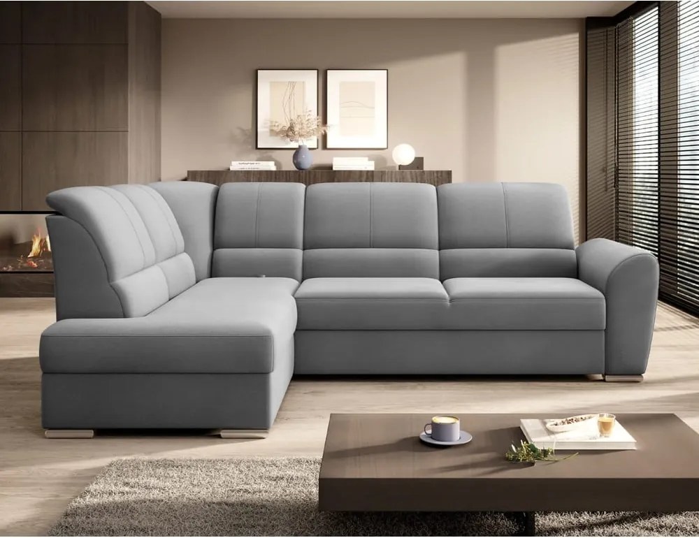 Szürke bársony kinyitható-tárolóhelyes sarokkanapé (bal oldali-L alakú) Siber – ELTAP