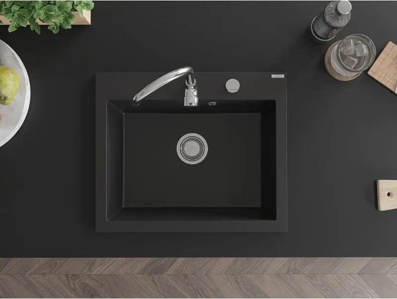 Mexen Elix gránit mosogató 1-medencés 600 x 500 mm, fekete, króm szifon - 6525601005-77