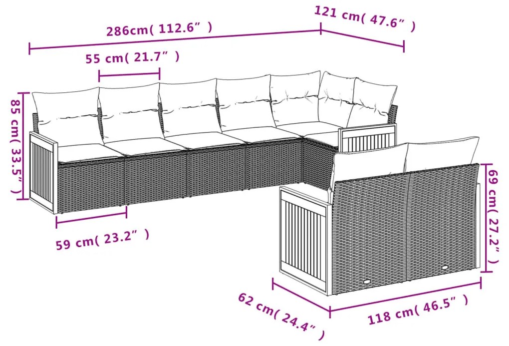 8 részes bézs polyrattan kerti ülőgarnitúra párnával