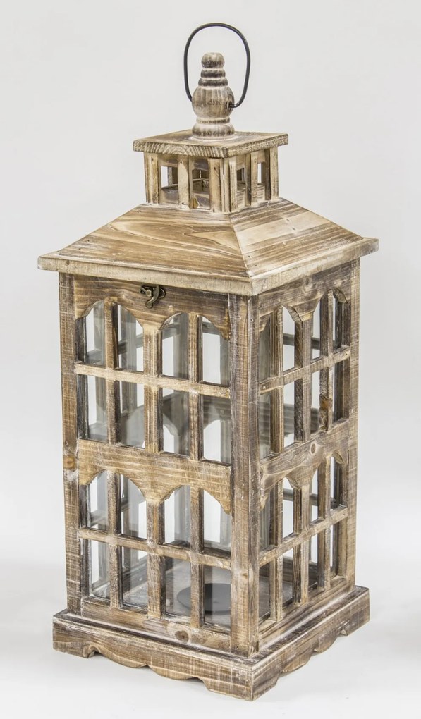 Vintage barna koptatott fa mécsestartó üvegezett lámpás lantern 3db-os szett 80x31 / 59x23 / 42x16cm