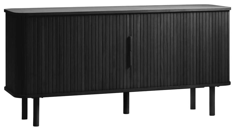 Fekete alacsony komód tolóajtóval, tölgyfa dekorral 76x160 cm Cavo – Unique Furniture
