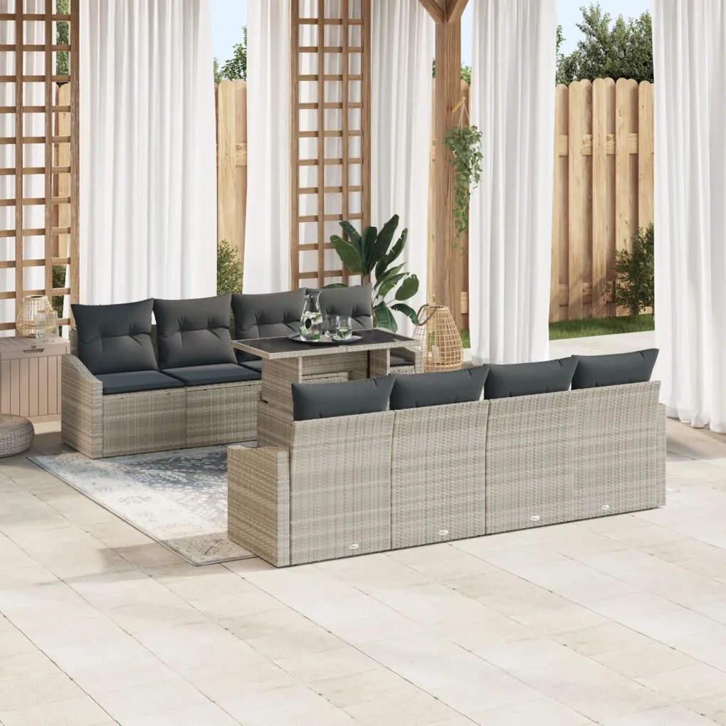 7 darabos kertiszett párnákkal, világosszürke poly rattan