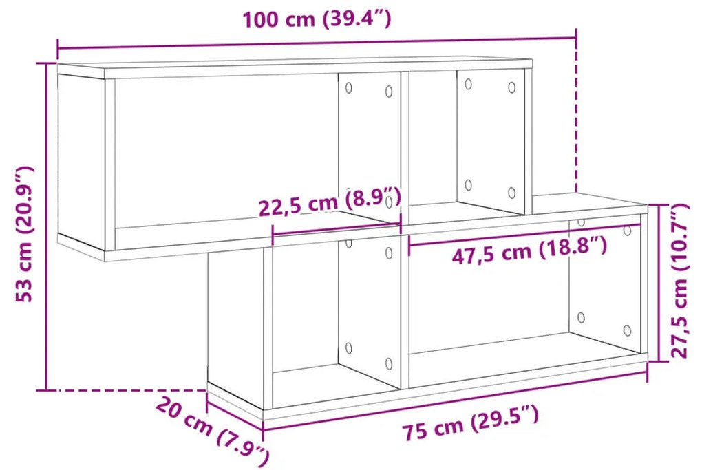 betonszürke szerelt fa fali polc 100 x 20 x 53 cm