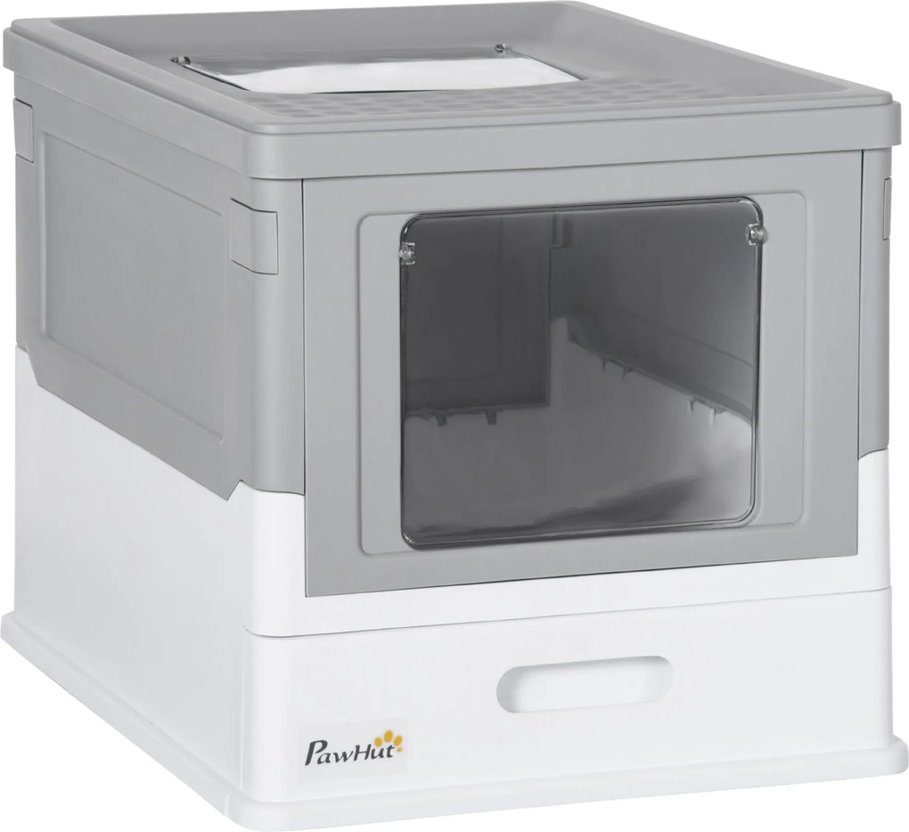 PawHut Fedeles Macska Alomtálca, Zárt Macska WC Kotorékkal, Kihúzható Tálca, Macska WC 5 kg-ig 47.5 x 35.5 x 36.7 cm Fehér + Szürke | Aosom