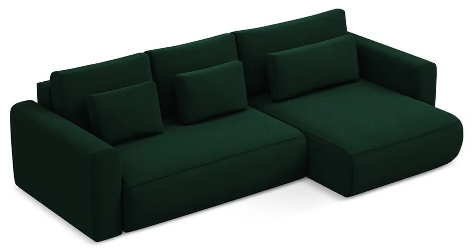 Zöld bársony kinyitható-tárolóhelyes sarokkanapé (jobb oldali-heverő résszel) Kapua – Makamii