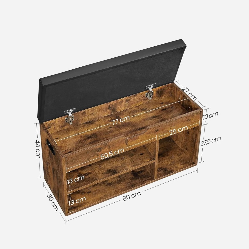 Cipőpad párnázott ülőfelülettel, 3 nyitott rekesszel és rejtett tárolóhellyel, 80 x 30 x 44 cm, 150 kg teherbírással, rusztikus barna