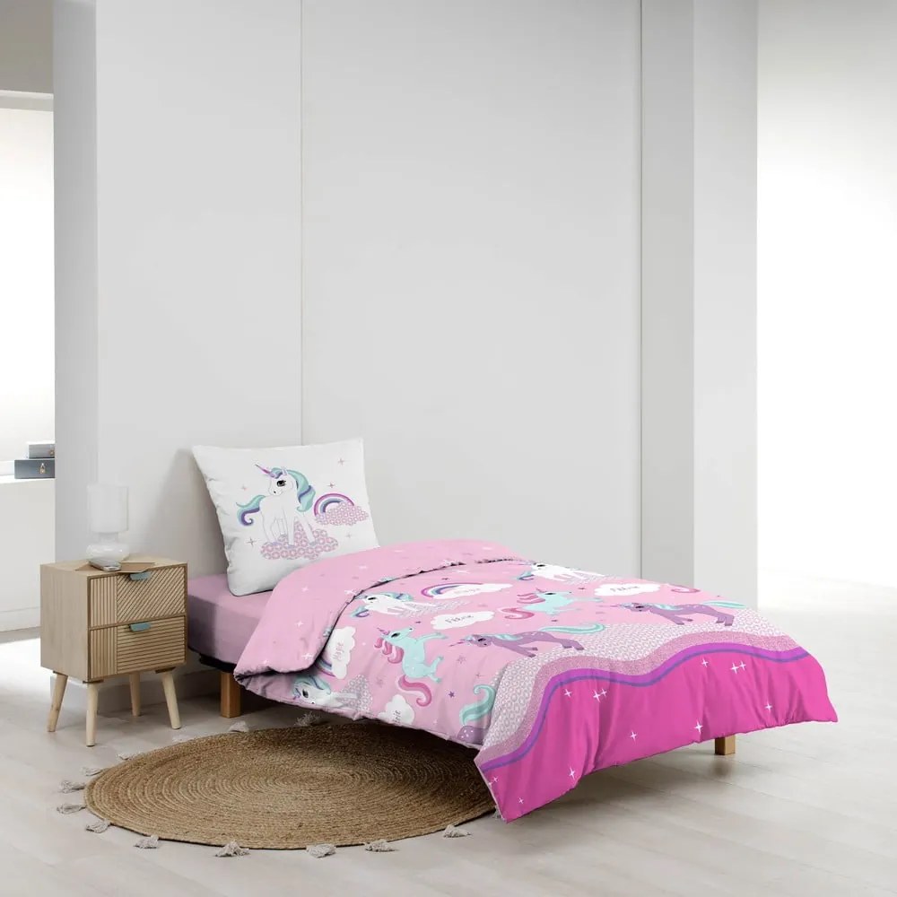 Rózsaszín egyszemélyes pamut gyerek ágyneműhuzat 140x200 cm Licorne – douceur d'intérieur