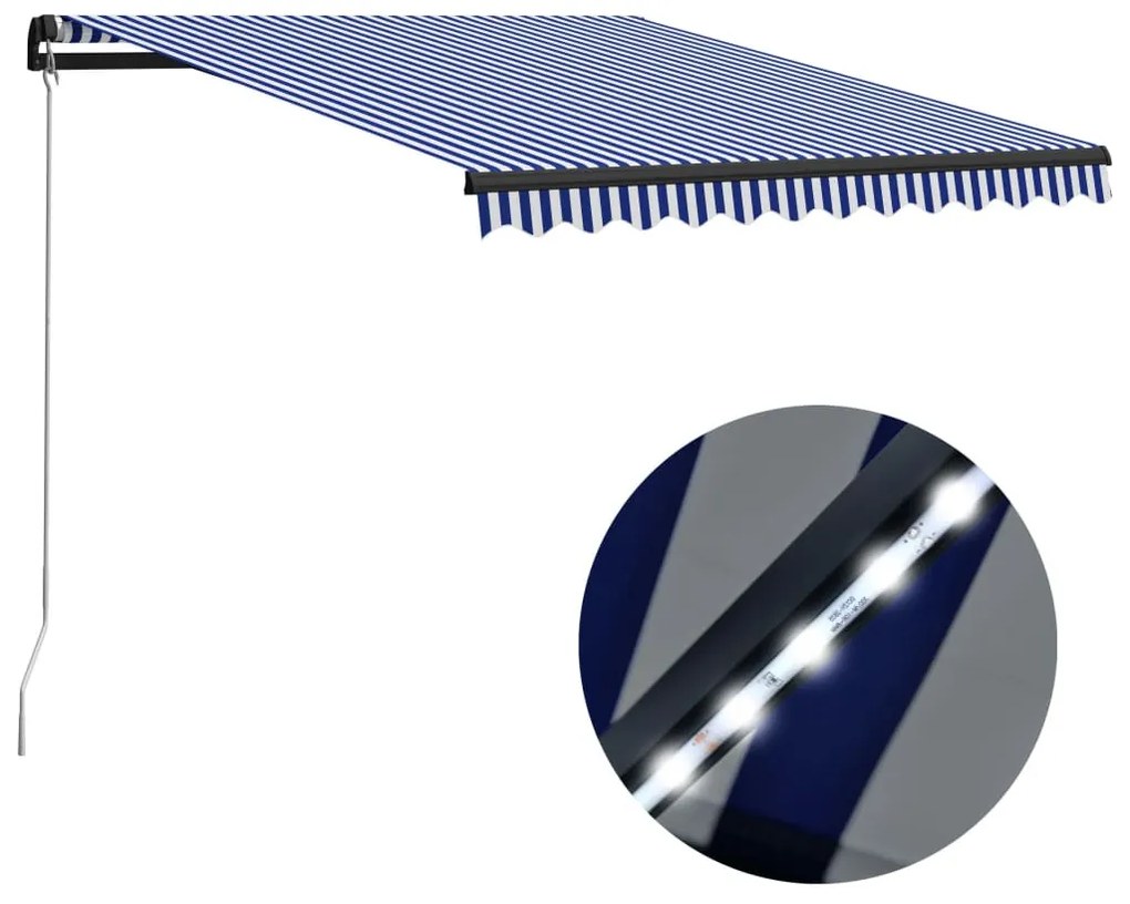 Kék és fehér kézzel kihúzható LED-es napellenző 350 x 250 cm