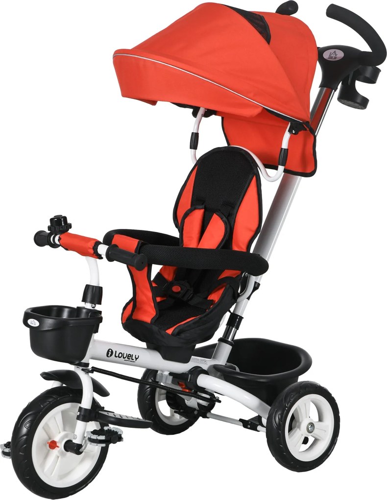 HOMCOM Összecsukható Evolutív Tricikli Kisgyermekeknek 2 az 1-ben, 12-60 hónapos gyermekek számára Összecsukható Napernyővel, Teleszkópos Tolófogantyú