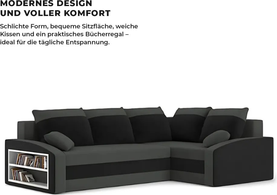 Grande sarokkanapé polcokkal , polc a bal karfaban, jobboldali, szövet anyag, hab töltet, szürke - fekete