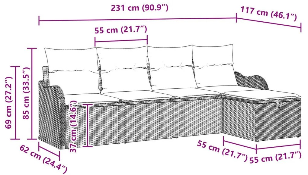 Kerti Kanapé Szett 5 pcs Barna és krémszínű 231 x 117 x 85 cm