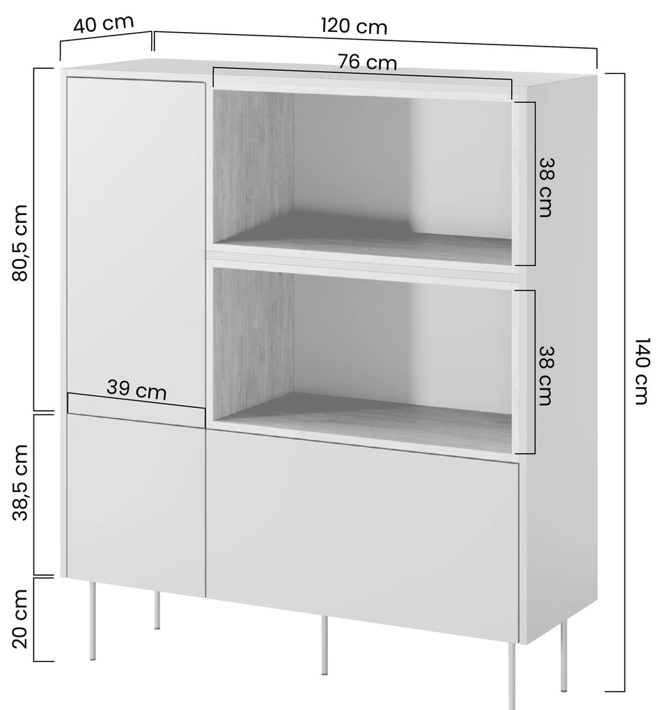 Desin magas komód 120 cm kétajtós fiókos nyitott polcos - olíva / nagano tölgy