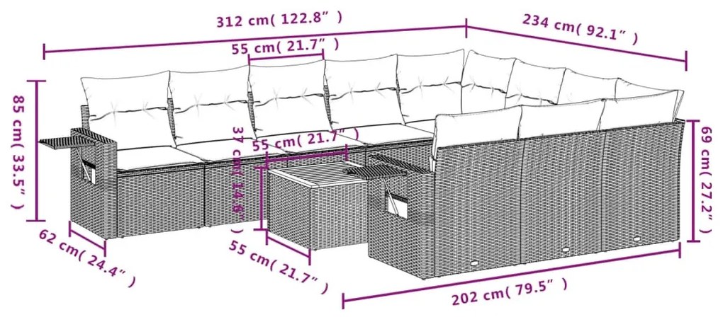 11 részes fekete polyrattan kerti ülőgarnitúra párnákkal