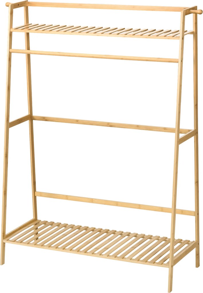 HOMCOM Kábeldobogó ruhafogassal, 2 ruhafogó kampóval, ruhatartóval, 2 polccal, ideális hálószobába és előszobába, bambuszból készült, természetes | Ao