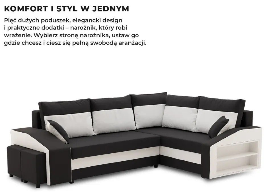 Grande sarokkanapé polcokkal és puffokkal , polc a jobb karfaban puffok a bal karfaban, jobboldali, szövet anyag, hab töltet, fekete - fehér