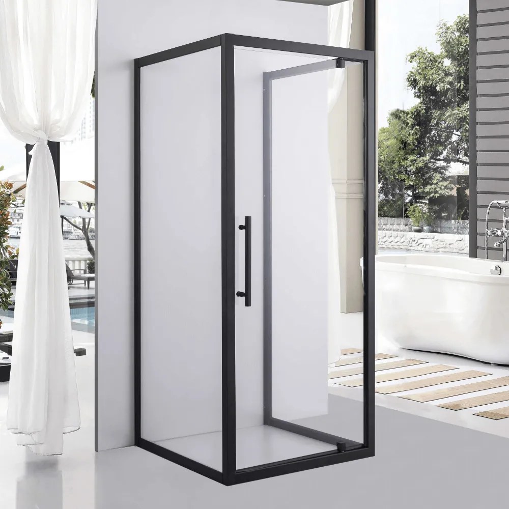 Stuxi Torino Black 90x90 falsíkra szerelhető 3 oldalú nyílóajtós zuhanykabin 6 mm vízlepergető biztonsági üveggel, fekete elemekkel, 200 cm magas