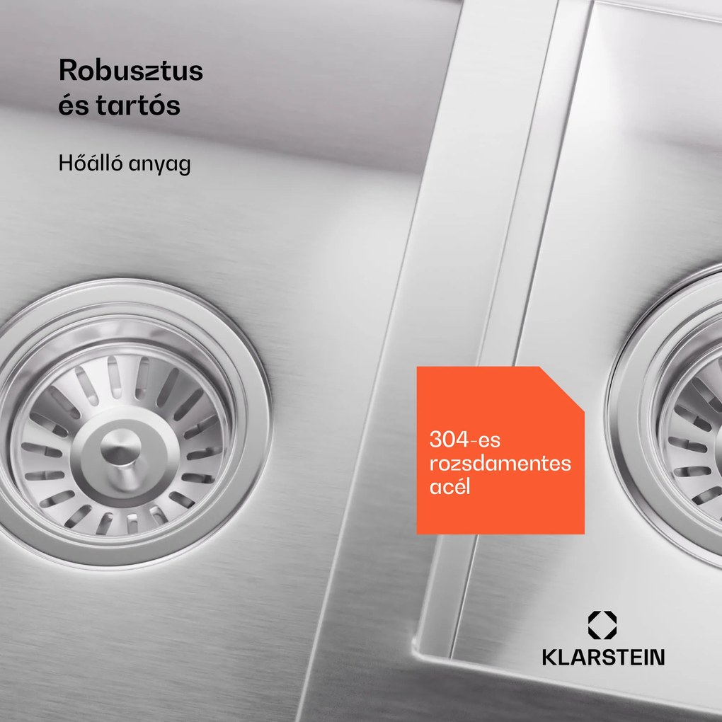 Klarstein TitanSteel konyhai mosogató lefolyóval, 100 x 45 cm, 2 mosogató, rozsdamentes acél, hőálló