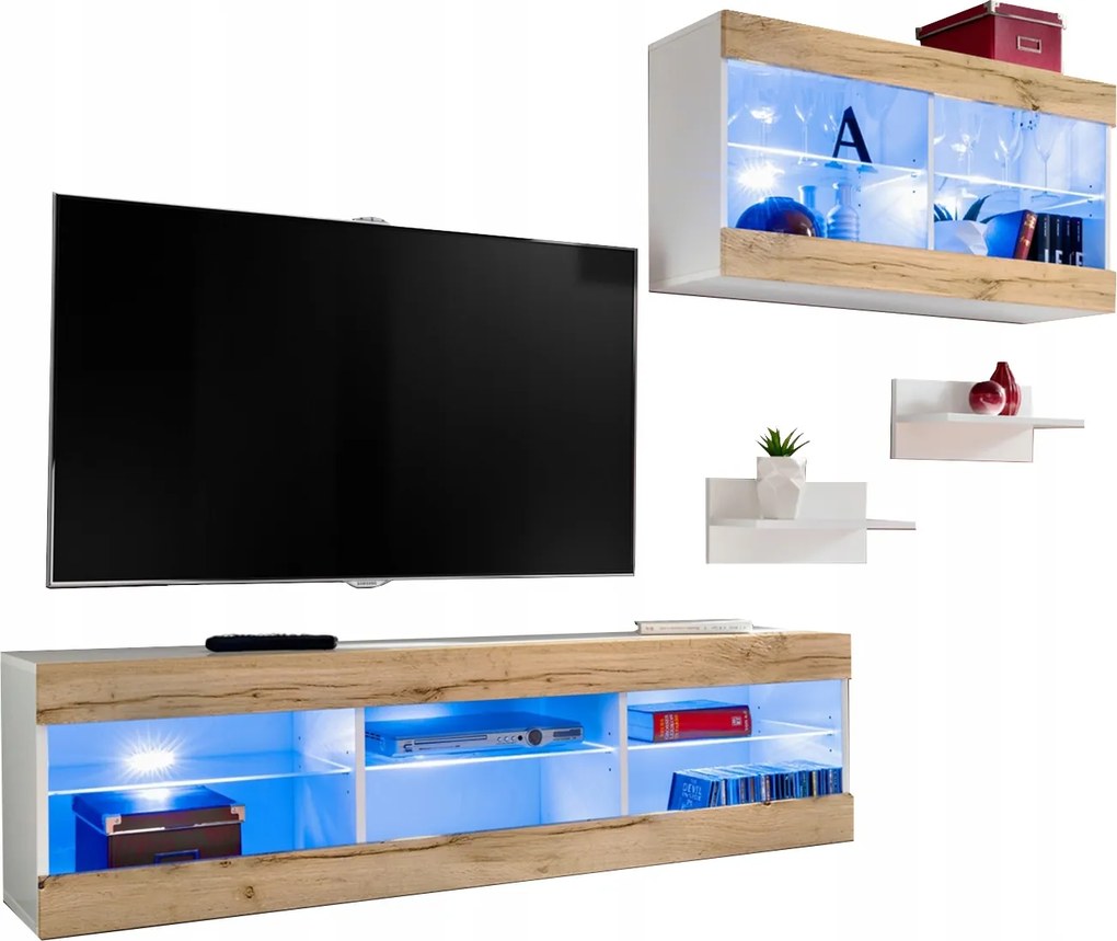 Rtv bútor szett Tivoli SET3 fehér/tölgy Wotan, kék Led