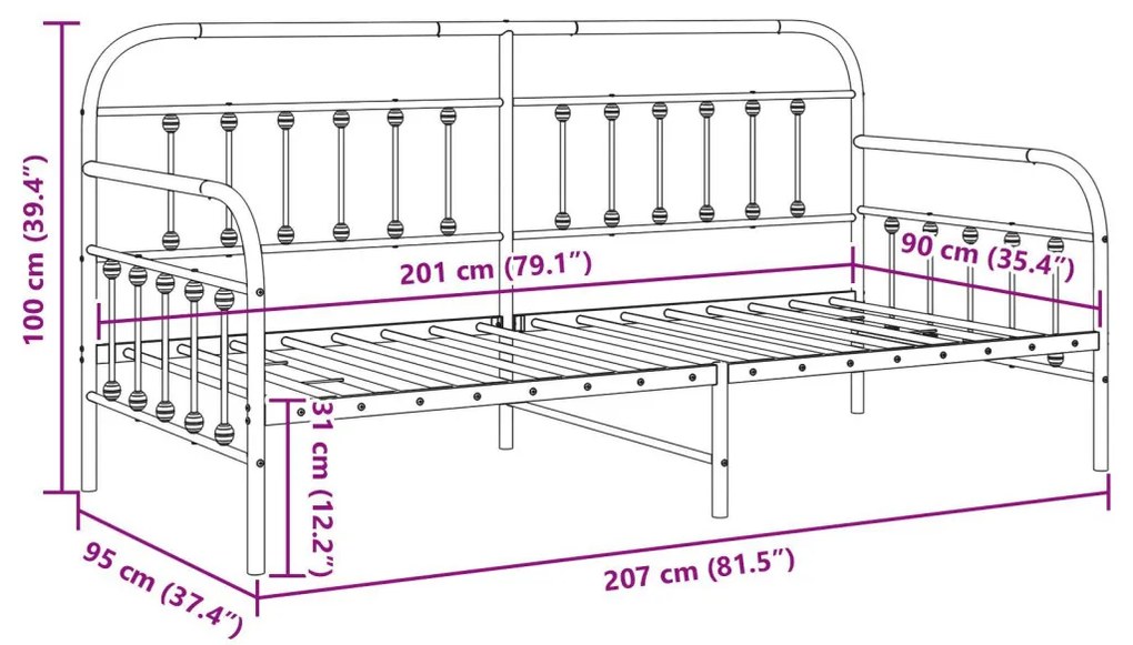 Nappali ágykeret fejtámlával Fekete 90 x 200 cm Acél