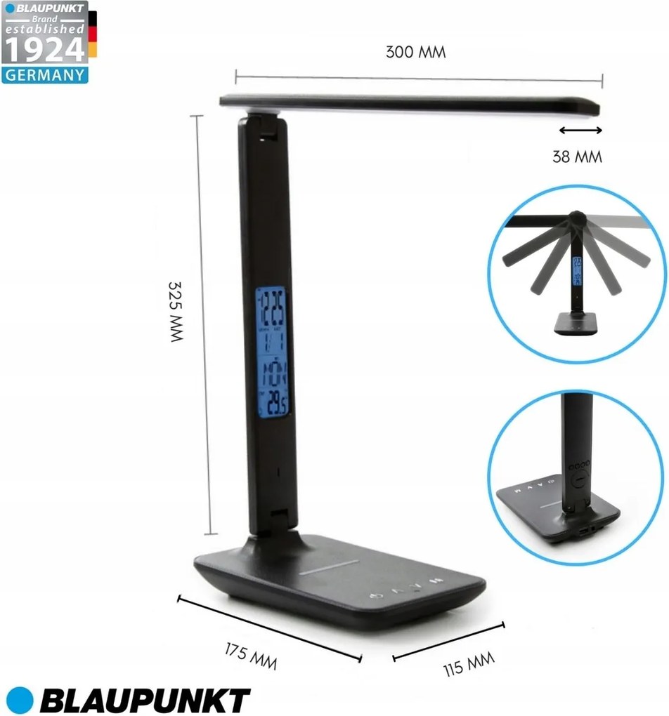 Blaupunkt LBB6PRO fekete Led asztali lámpa Vezeték nélküli töltő,USB