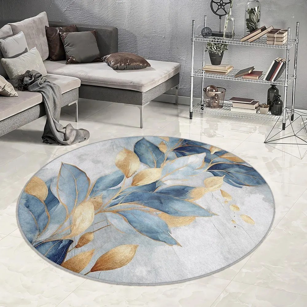 Kék-aranyszínű mosható kerek szőnyeg ø 150 cm Golden Leaves – Mila Home