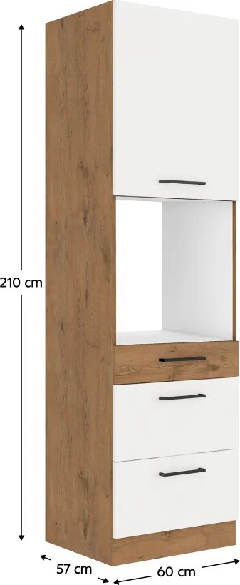 Magas szekrény beépített sütőnek, lancelot tölgy/ fehér extra magas fényű HG, VEGA 60 DPS-210 3S 1F