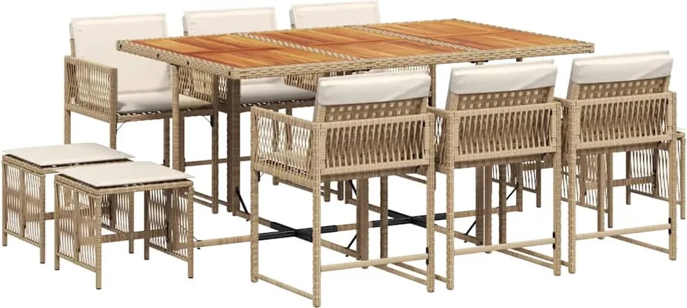 vidaXL 11 részes bézs polyrattan kerti étkezőgarnitúra párnákkal