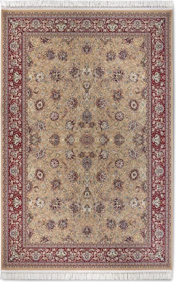 Hagyományos szőnyeg nappaliba 155x235cm,klasszikus bézs-piros rojtokkal