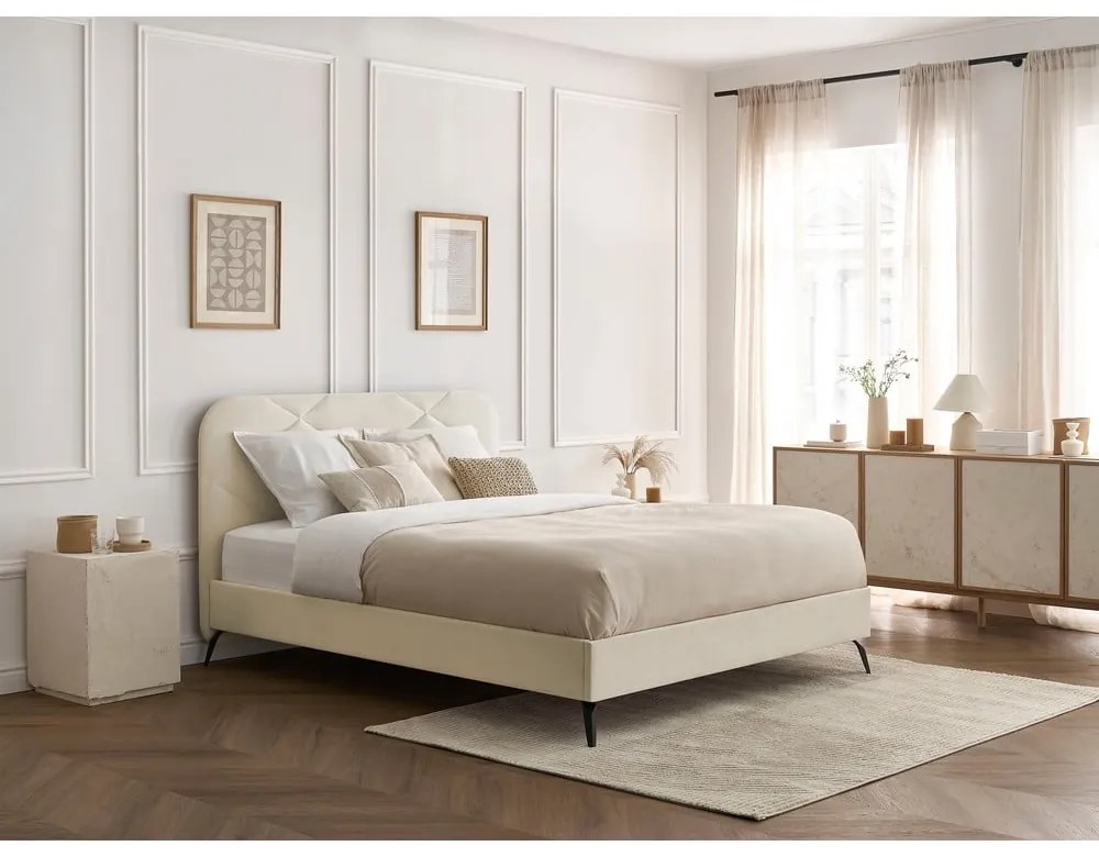 Bézs kárpitozott franciaágy ágyráccsal 160x200 cm Prune – Bobochic Paris