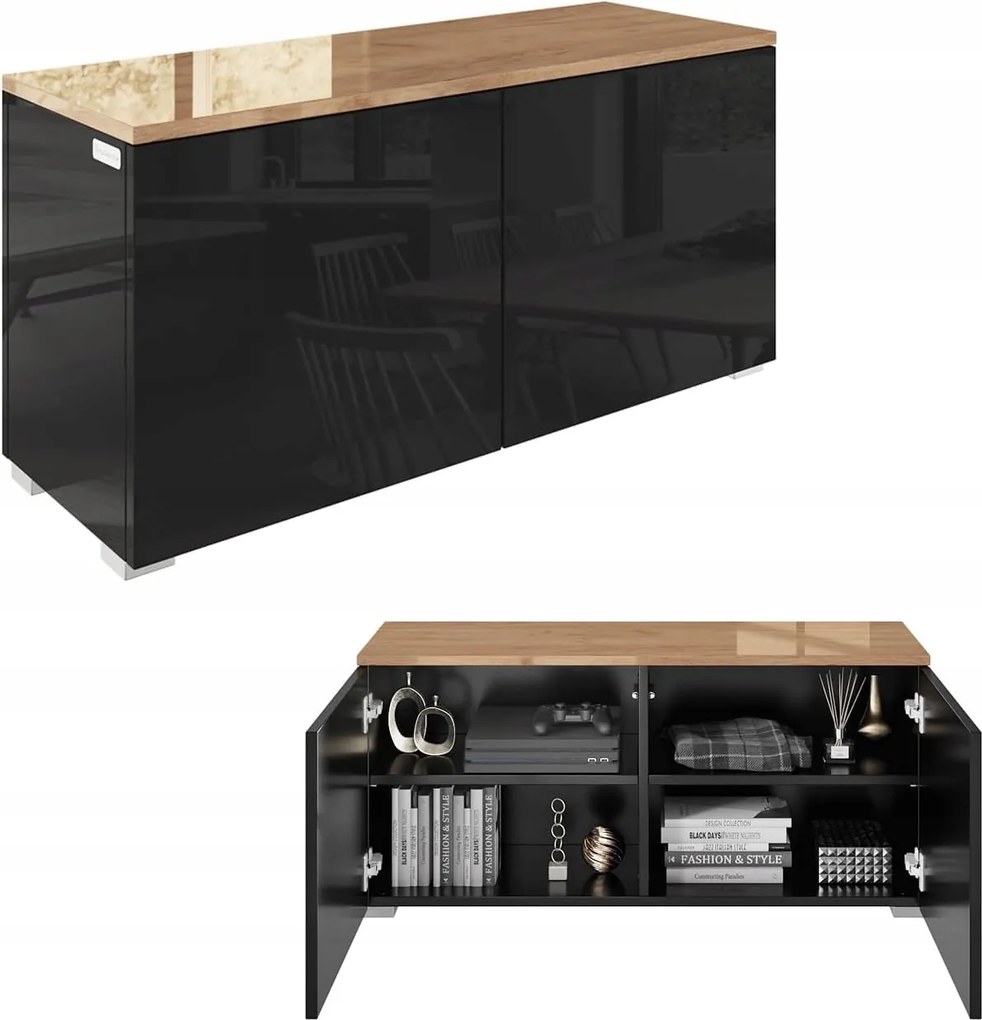 Rtv szekrény Luna 90 x 35 x 44 cm akasztós álló komód fekete tölgy fényes