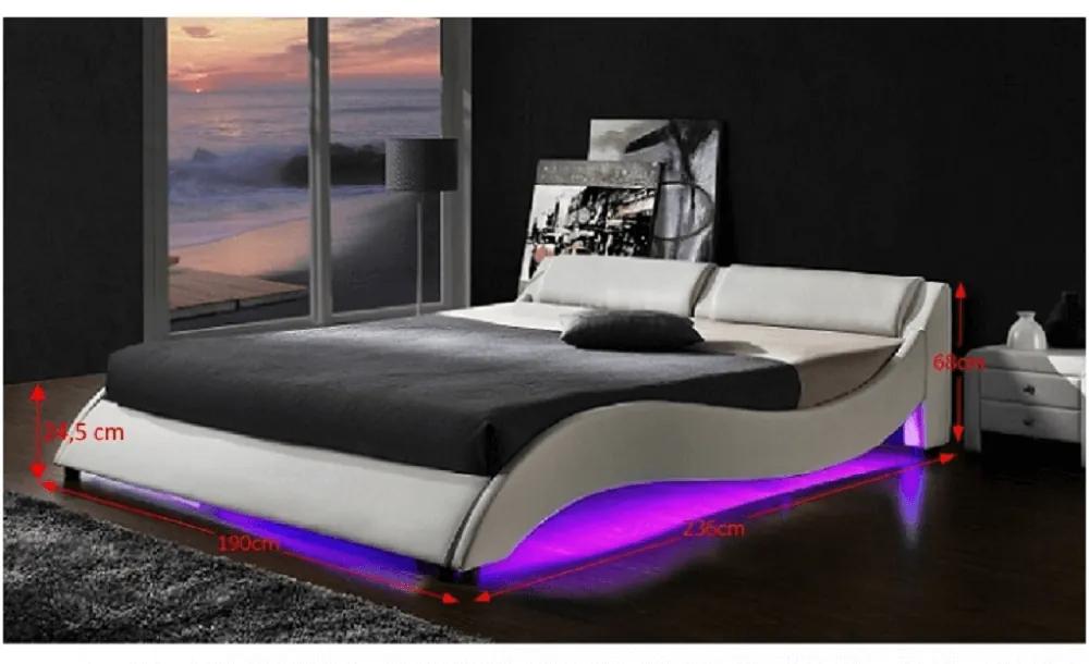 Ágykeret RGB LED világítással, fehér textilbőr, 160x200, PASCALE