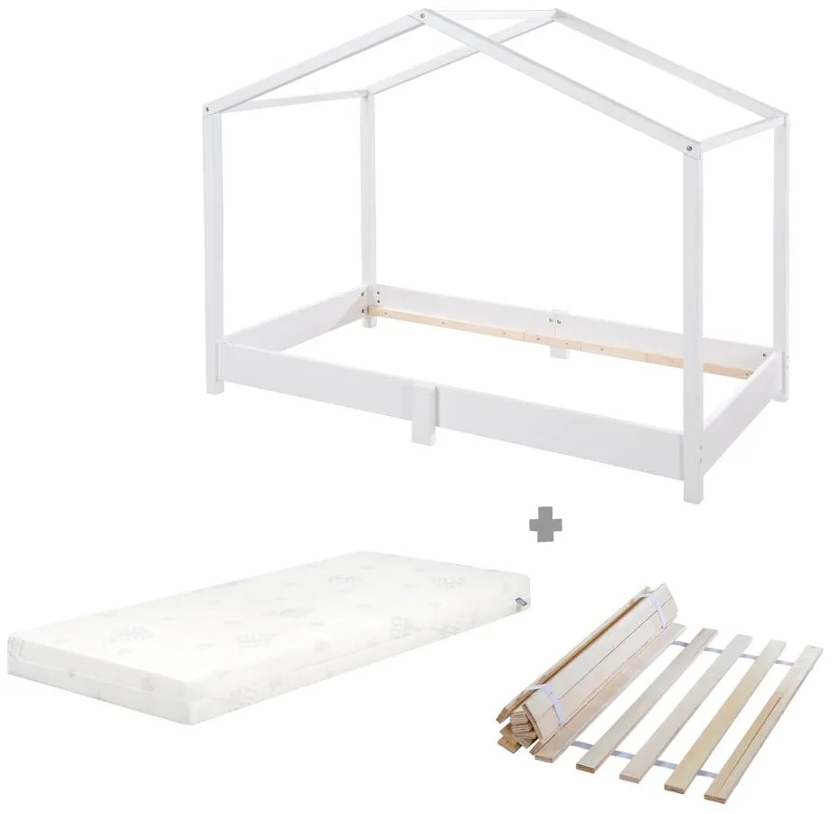 Fehér tömörfa házikó alakú gyerekágy matraccal-ágyráccsal 70x140 cm – Roba