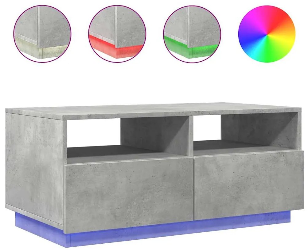 Betonszürke dohányzóasztal LED-lámpákkal 90x49x40 cm