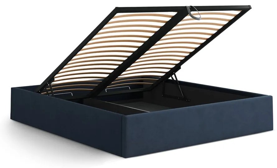 Sötétkék kárpitozott ágyneműtartós-ágytámla nélkül franciaágy ágyráccsal 160x200 cm Susan – Micadoni