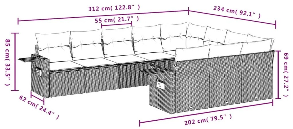 10 részes szürke polyrattan kerti ülőgarnitúra párnákkal