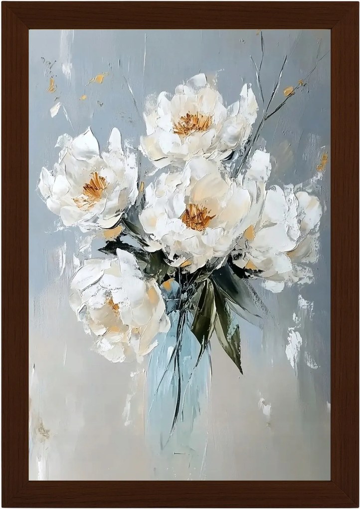 Poszter Keret Fa Olaj Impasto Virágok Fehér Bazsarózsa Csokor 40x60