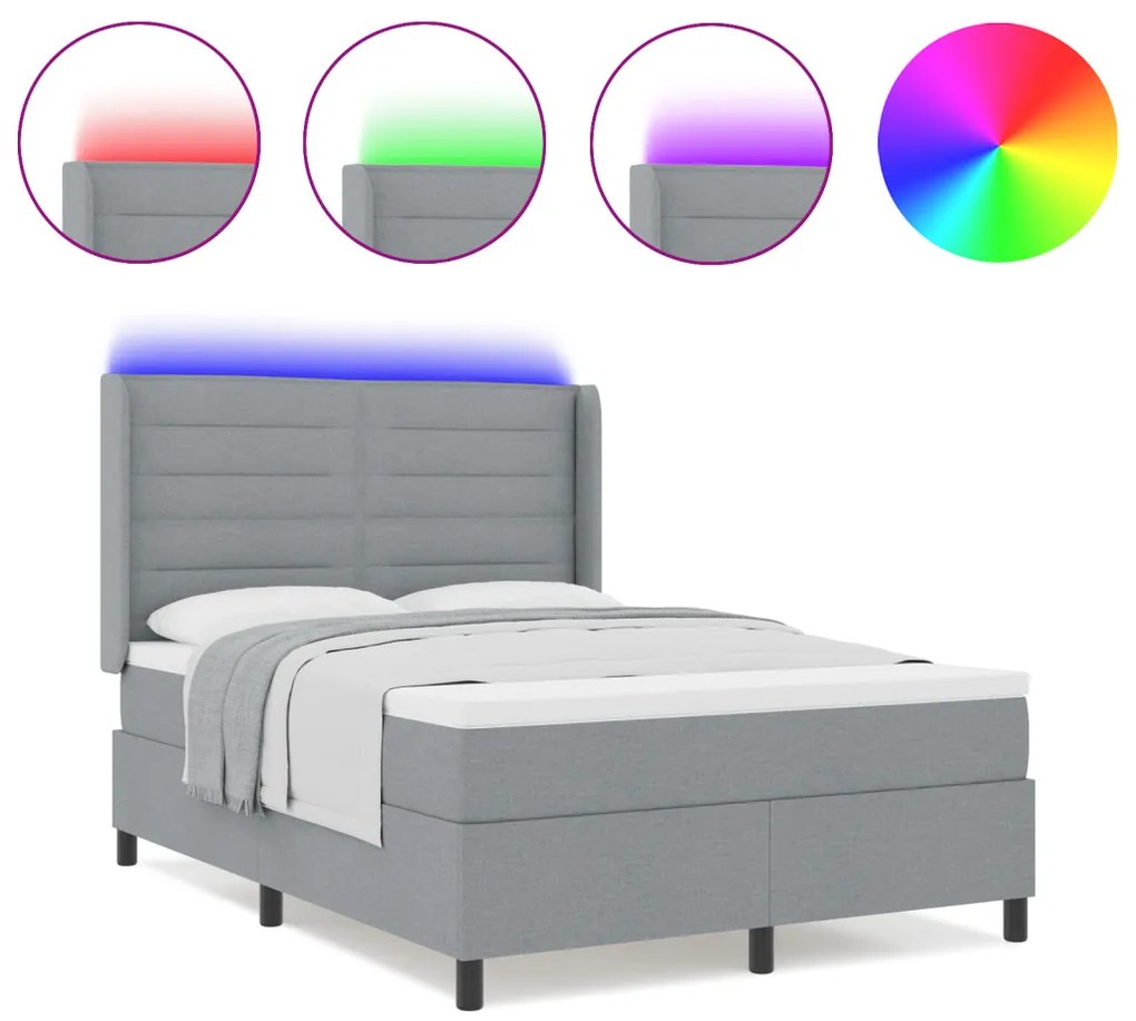 Boxspring Ágy Matrac és LED Fénnyel Világosszürke 160x200 cm Szövet
