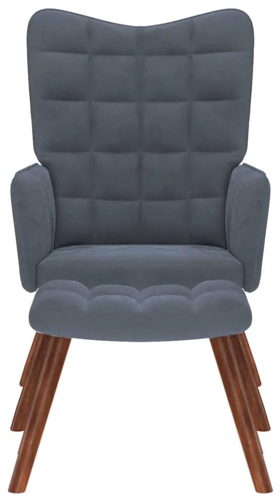 sötétszürke bársony pihenőfotel zsámolynal