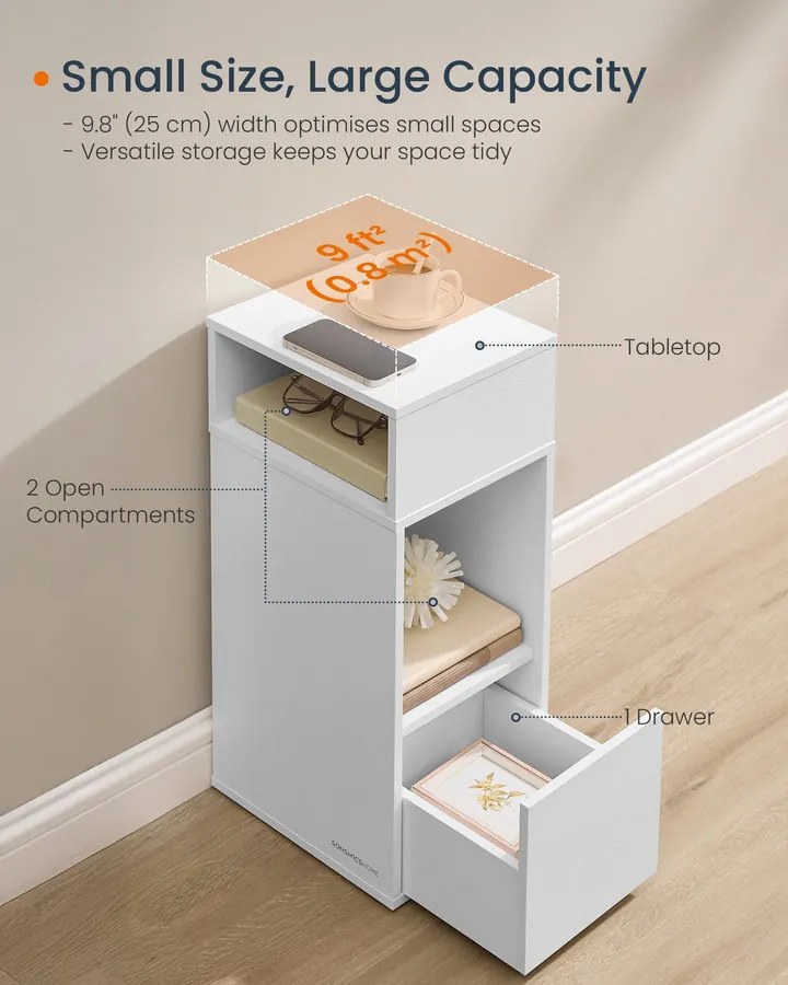 Éjjeliszekrény, gyors összeszerelés, 2 nyitott rekesz, 1 fiók, Hófehér