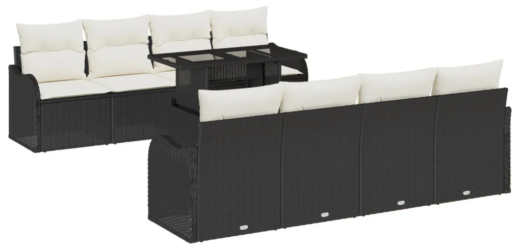 10 darabos kertivel ülőgarnitúra párnákkal, fekete poli rattan